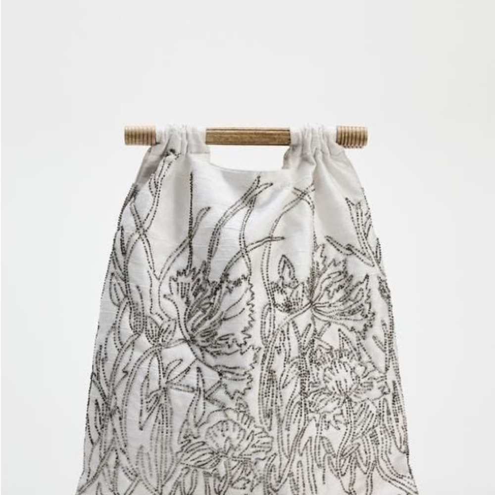 Zara White and Black Beaded Tote Bag
